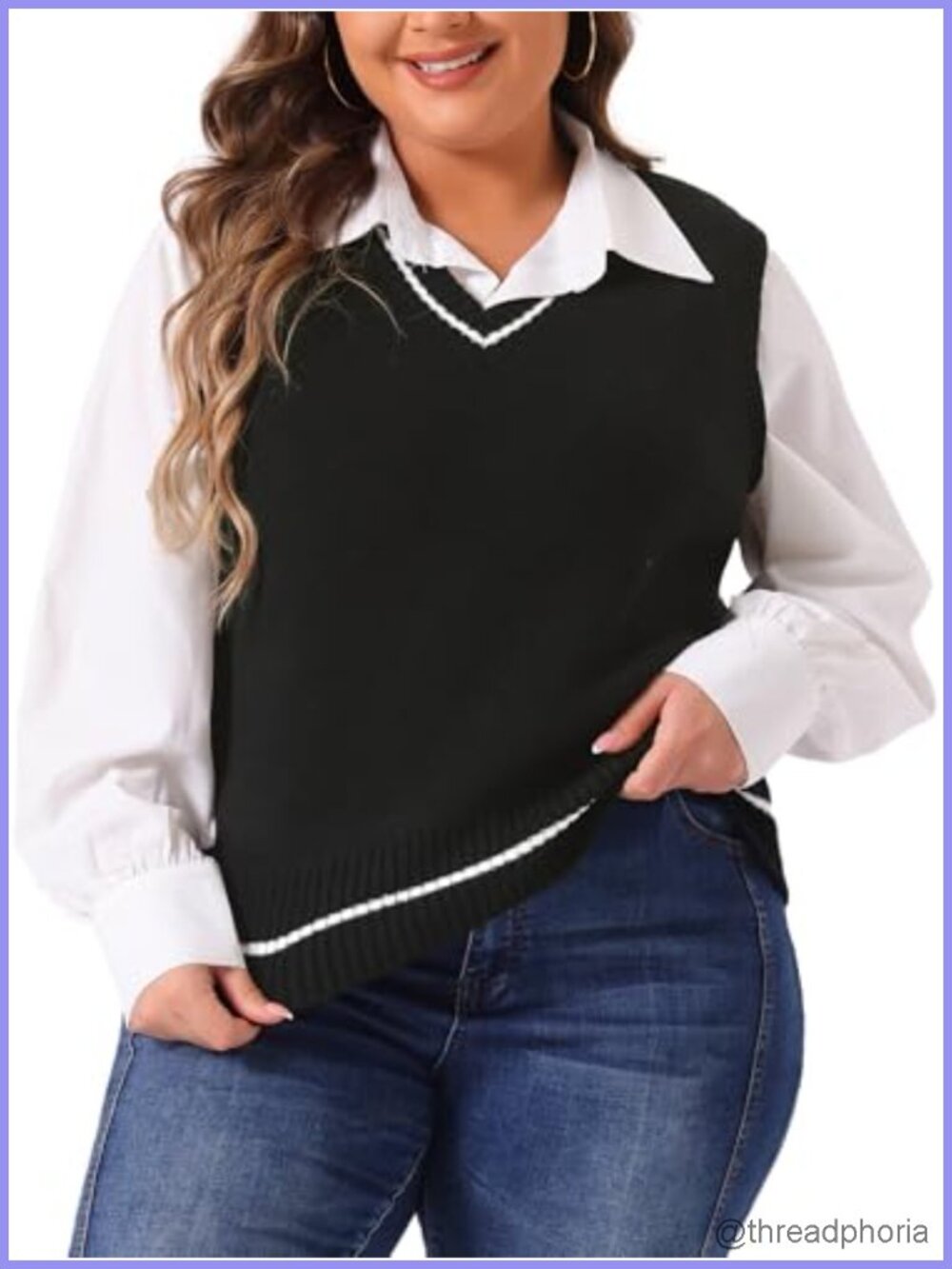 Women's Plus Size Knit Sweater Vest V-Neck Sleeveless Cable Stripe